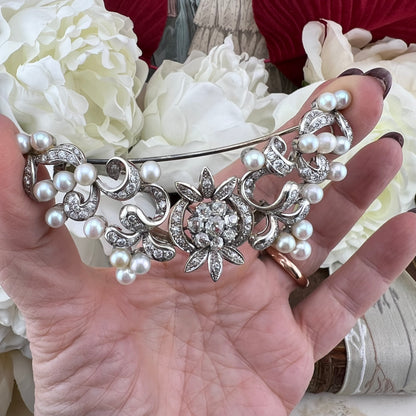 Pendente, diadema, spilla in oro 18 k diamanti old mine, perle - gioiello trasformabile anni ‘30