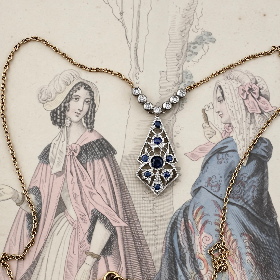 Collana con pendente traforato in zaffiri e diamanti – Europa, circa anni ’70