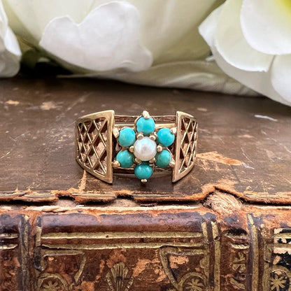 Anello Fiore in Oro Giallo con Turchesi e Perla – Birmingham 1972