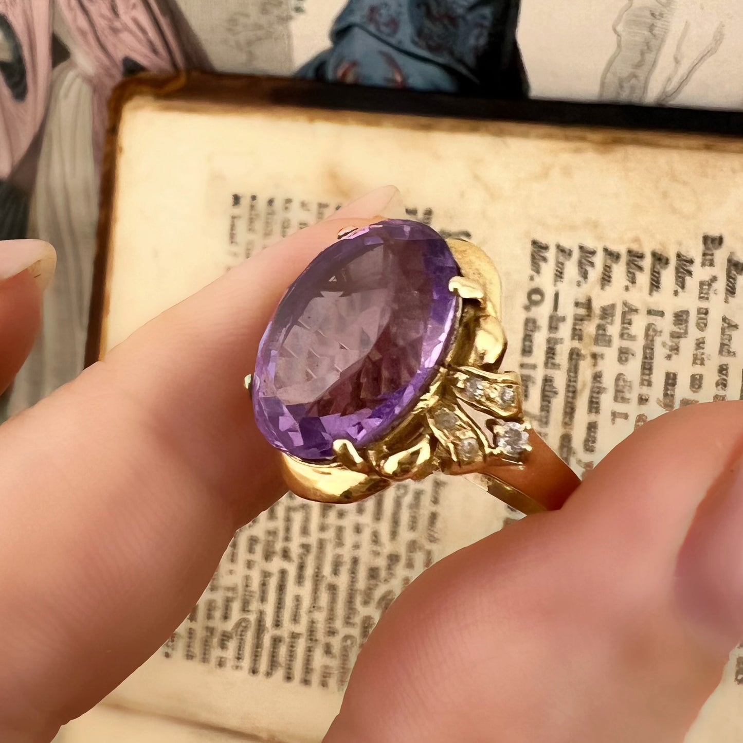 Anello vintage in oro 14k con ametista e diamanti