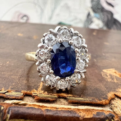 Anello margherita con zaffiro e diamanti old mine – oro giallo 18 k