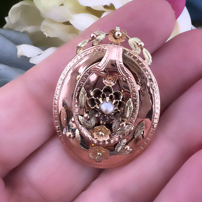 Pendente/spilla borbonico in oro giallo e rosa 18k con perlina centrale – Italia preunitaria, metà XIX secolo