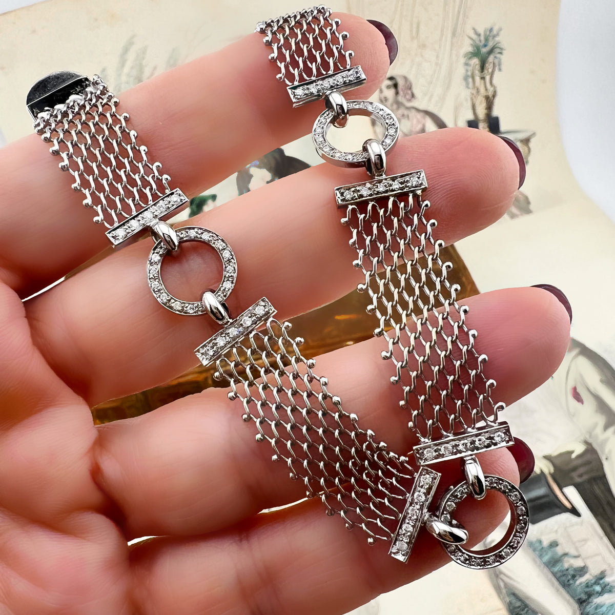 Bracciale a rete in oro bianco 18 carati con diamanti – Italia, anni ’80