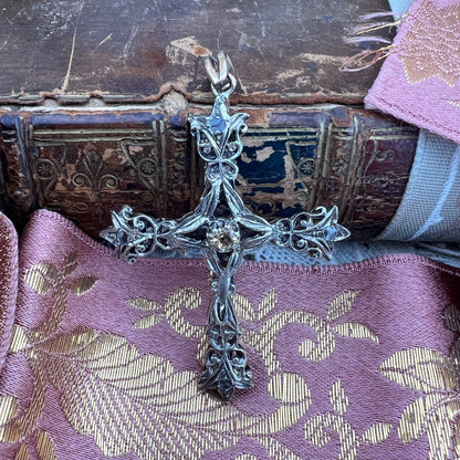 Croce Pendente in Oro e Argento con Topazi e Citrino
