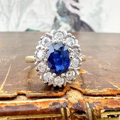 Anello margherita con zaffiro e diamanti old mine – oro giallo 18 k