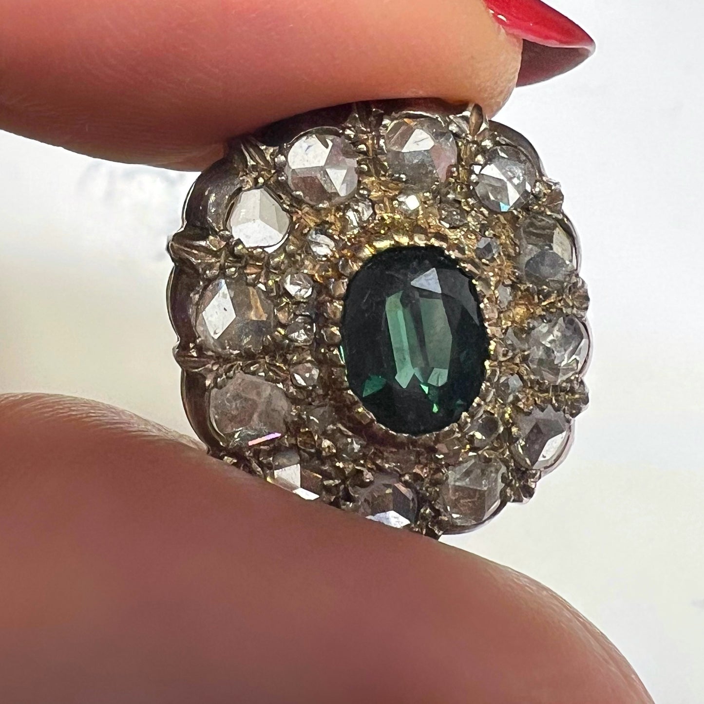 Orecchini margherita in oro/argento con zaffiri verde-blu teal e diamanti