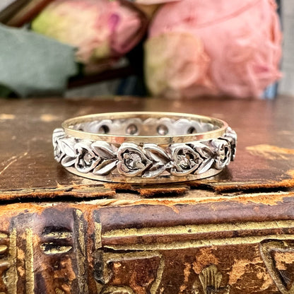 Anello eternity vintage con diamanti a rosetta in oro 9 carati e argento
