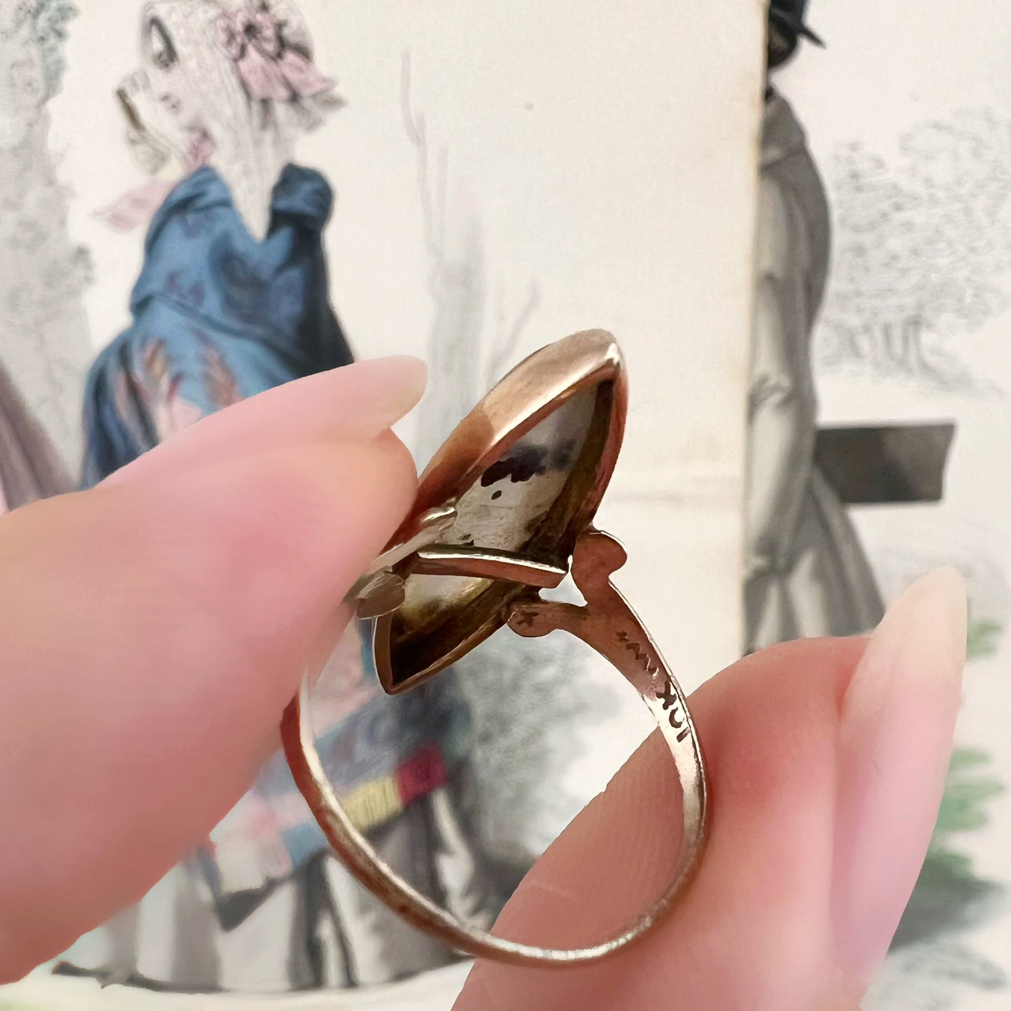 Anello vintage a navette con agata muschiata – USA, circa 1950