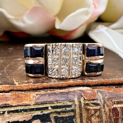 Anello a ponte con zaffiri e diamanti in oro 18 k