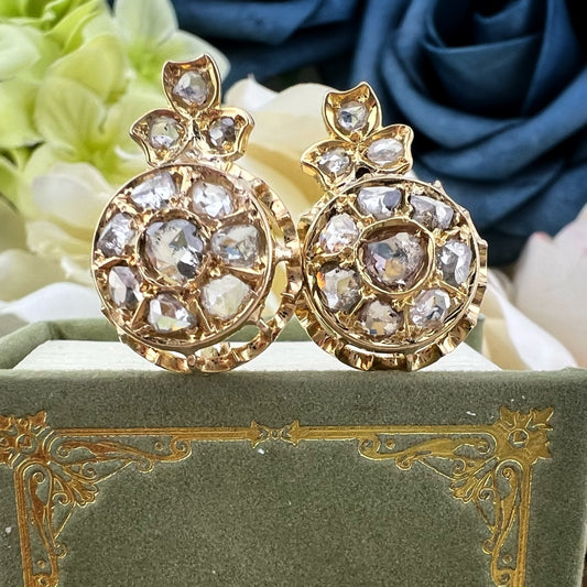 Orecchini antichi a margherita e trifogli i oro giallo 18k e diamanti taglio rosetta
