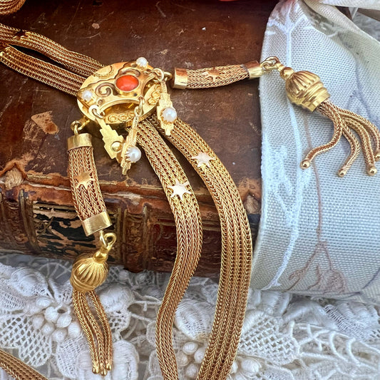 Collana saliscendi in oro con corallo e perline Belle Époque