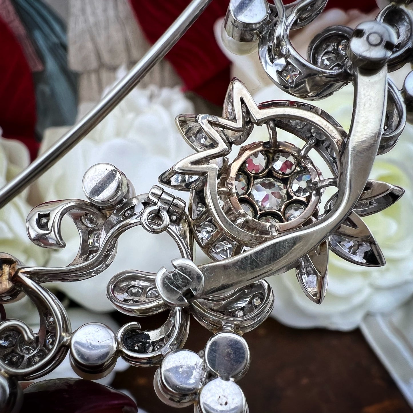 Pendente, diadema, spilla in oro 18 k diamanti old mine, perle - gioiello trasformabile anni ‘30