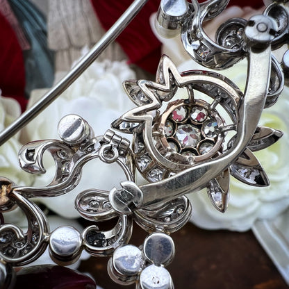 Pendente, diadema, spilla in oro 18 k diamanti old mine, perle - gioiello trasformabile anni ‘30