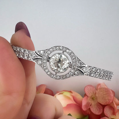 Bracciale a manetta in oro bianco 18k con diamante da 2 ct old cut Art Déco, Italia XX secolo