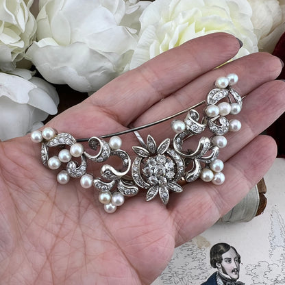 Pendente, diadema, spilla in oro 18 k diamanti old mine, perle - gioiello trasformabile anni ‘30