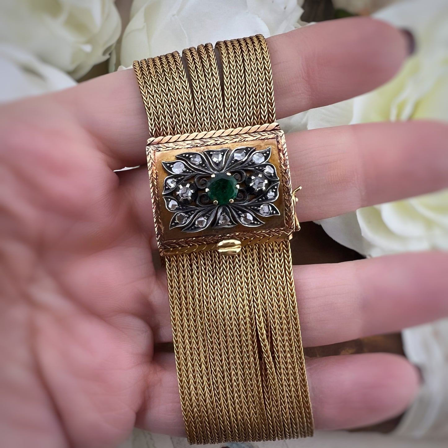 Bracciale italiano in oro 18k smeraldo e diamanti del 1960