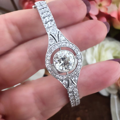 Bracciale a manetta in oro bianco 18k con diamante da 2 ct old cut Art Déco, Italia XX secolo