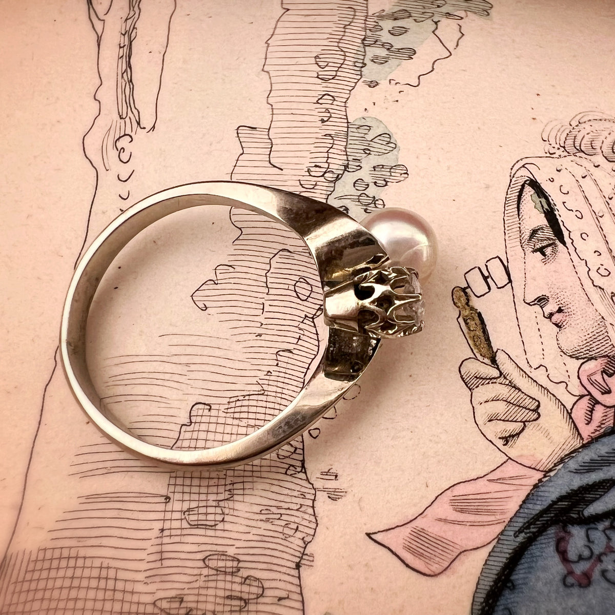 Anello toi et moi con perla e diamante, oro 18k e perla. Anni ‘50