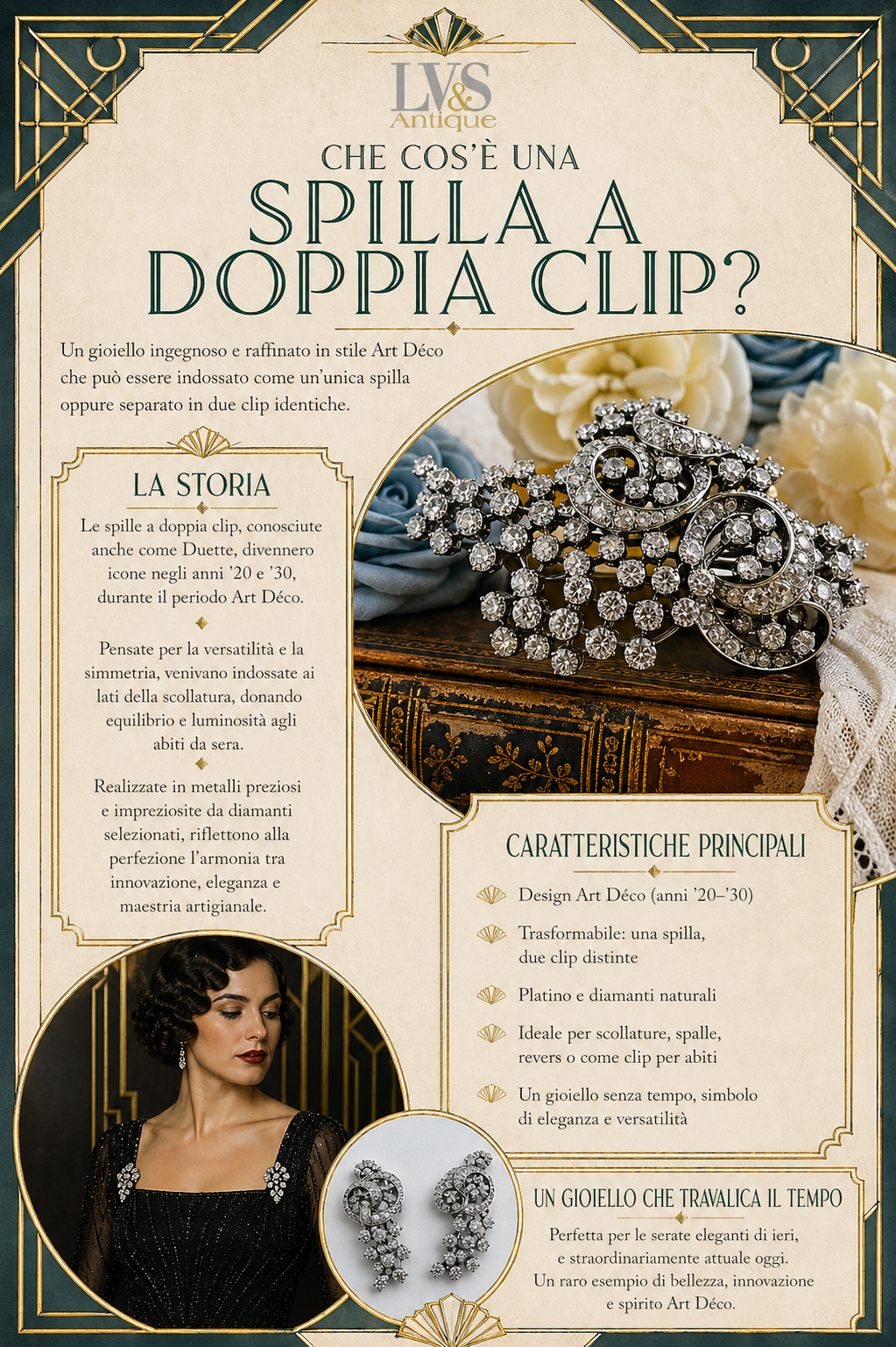 Duette in platino e diamanti per 8 ct anni ‘30-‘40 - double clip
