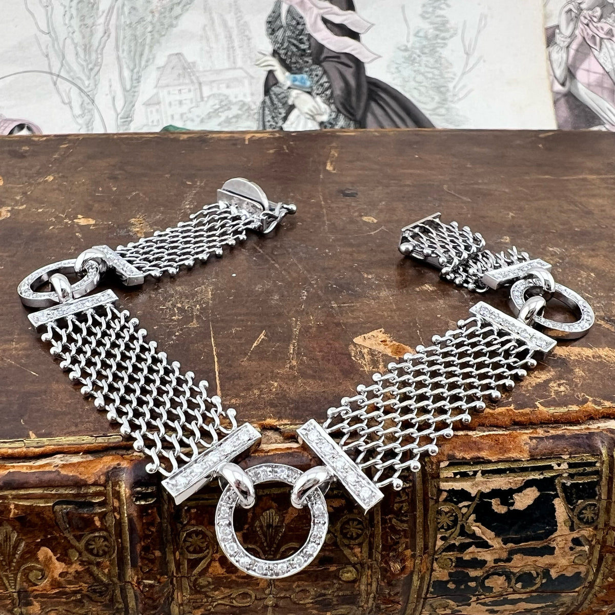 Bracciale a rete in oro bianco 18 carati con diamanti – Italia, anni ’80