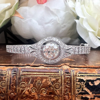 Bracciale a manetta in oro bianco 18k con diamante da 2 ct old cut Art Déco, Italia XX secolo