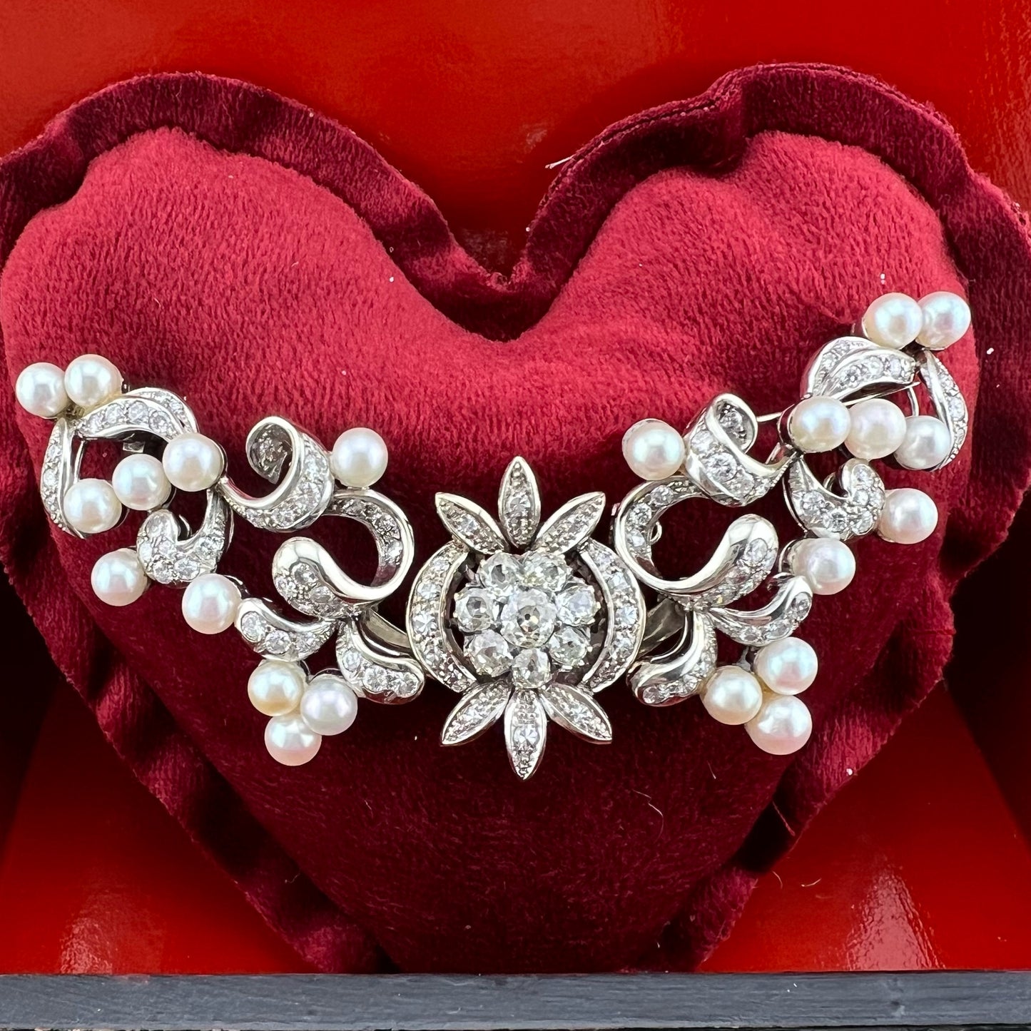 Pendente, diadema, spilla in oro 18 k diamanti old mine, perle - gioiello trasformabile anni ‘30