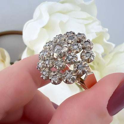 Grande anello Floreale con Rosette di Diamanti – Epoca Tardo Georgiana