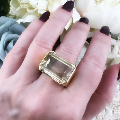 Anello Cocktail anni ’70 in oro 14k con grande citrino taglio smeraldo
