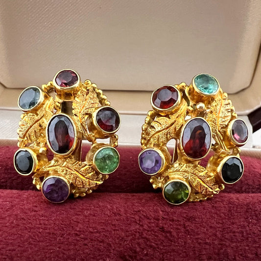 Orecchini vintage fiorentini in oro 18 carati con gemme policrome