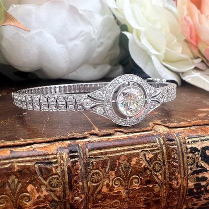 Bracciale a manetta in oro bianco 18k con diamante da 2 ct old cut Art Déco, Italia XX secolo