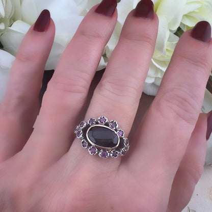 Anello belle époque in oro, argento, tormalina e rubini