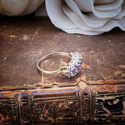 Anello vintage in oro giallo 9 ct con ametiste e diamanti – Birmingham, anni ’70