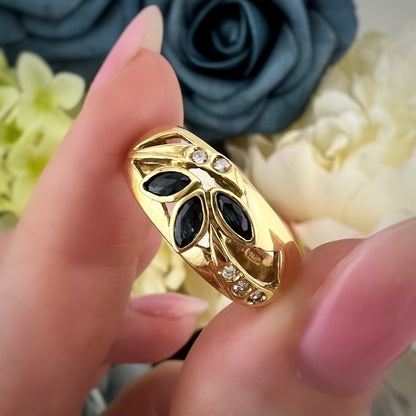 Anello italiano vintage a fascia in oro 750 zaffiri e diamanti