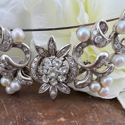 Pendente, diadema, spilla in oro 18 k diamanti old mine, perle - gioiello trasformabile anni ‘30