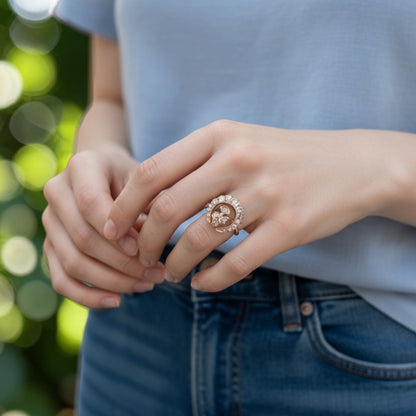 Anello antico in oro 18 kt con luna crescente e trifoglio di diamanti a taglio rosa – eleganza vintage e buon augurio