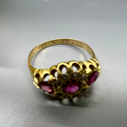 Anello vittoriano in oro 18 carati con rodolite e diamanti a rosetta