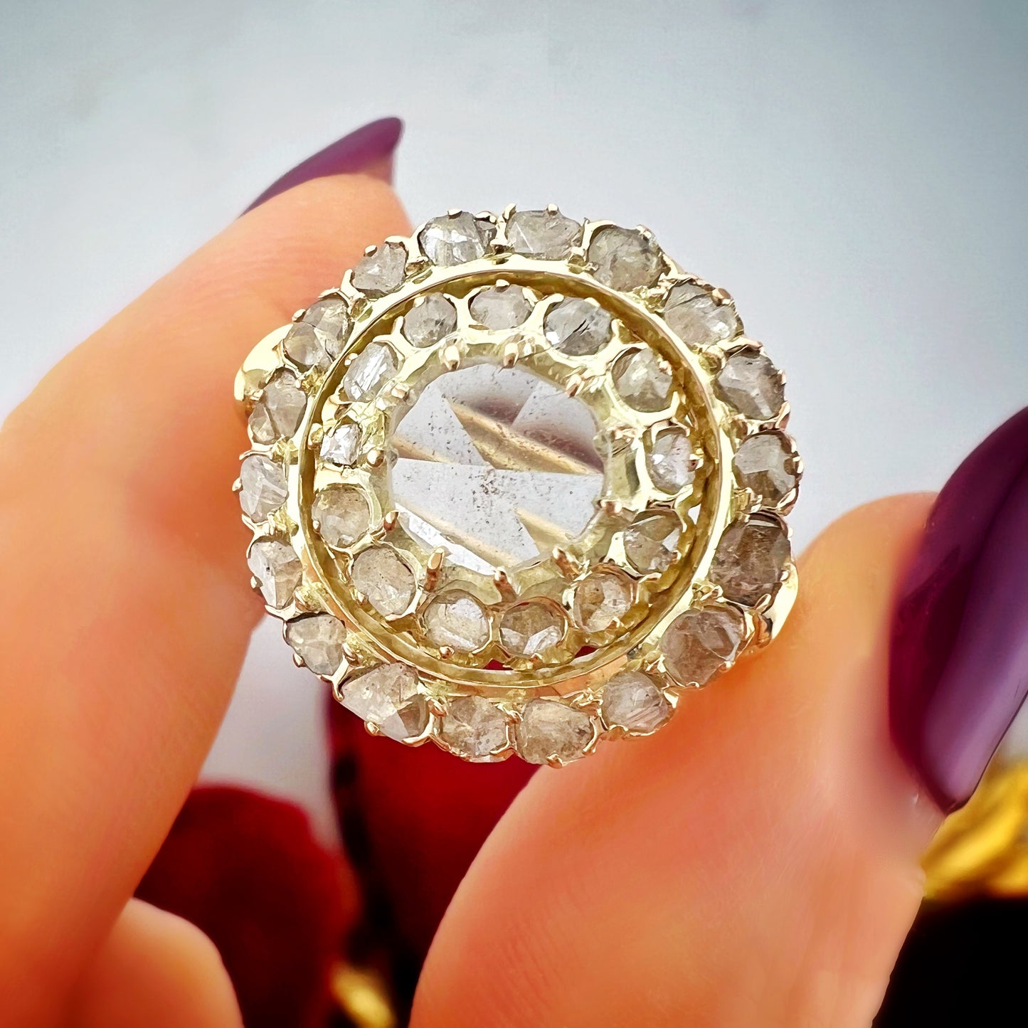 Grande anello Margherita in oro giallo 18 kt con diamanti antichi – Primi ’900
