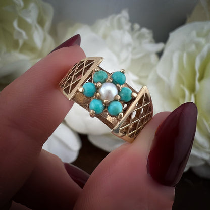 Anello Fiore in Oro Giallo con Turchesi e Perla – Birmingham 1972
