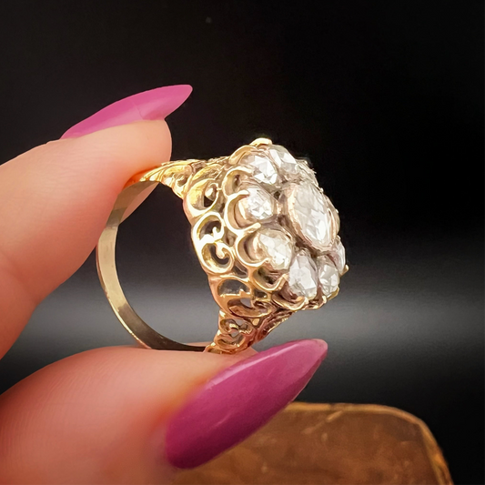 Grande anello primi ‘800 oro 18 ct e diamanti taglio rosa per circa 2 ct