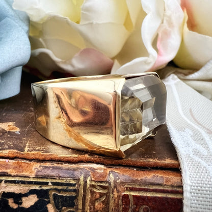 Anello Cocktail anni ’70 in oro 14k con grande citrino taglio smeraldo
