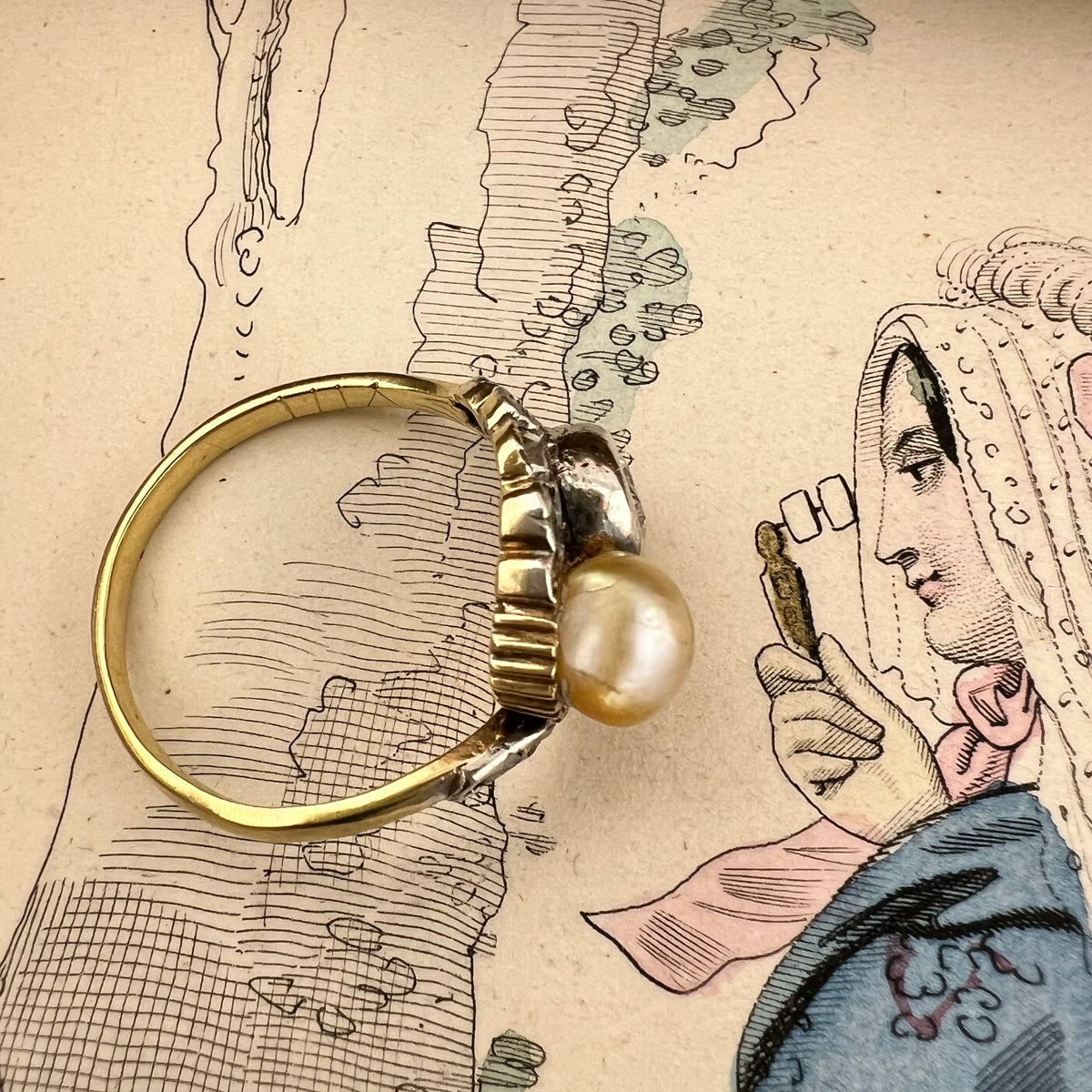 Anello Toi et Moi con perla naturale e diamante – Italia, circa 1900-1920