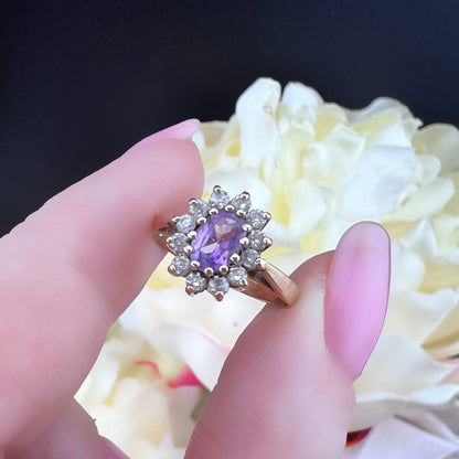 Anello in oro ametista e cristalli trasparenti Birmingham 1988
