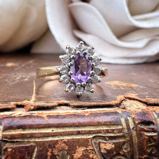 Anello in oro ametista e cristalli trasparenti Birmingham 1988