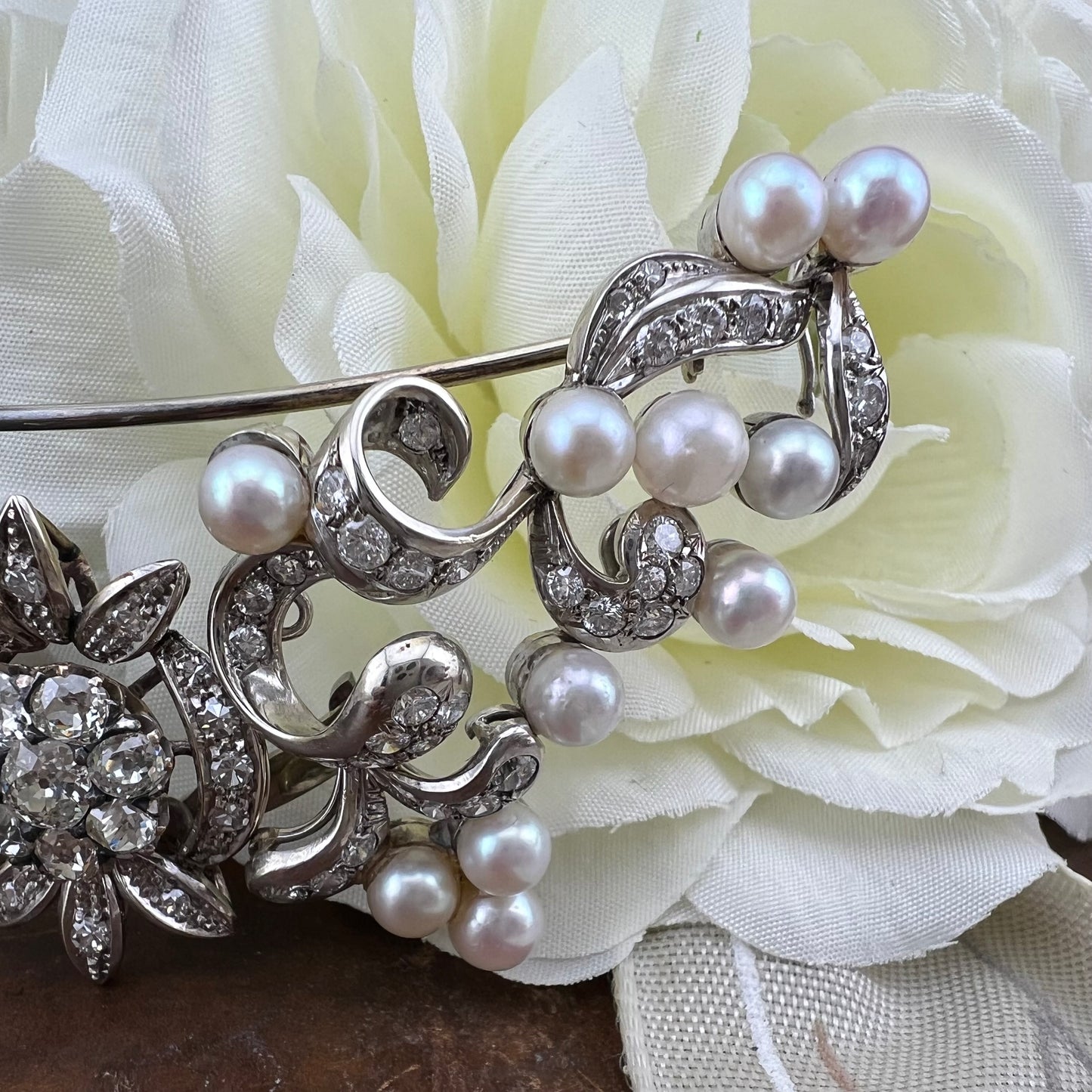 Pendente, diadema, spilla in oro 18 k diamanti old mine, perle - gioiello trasformabile anni ‘30