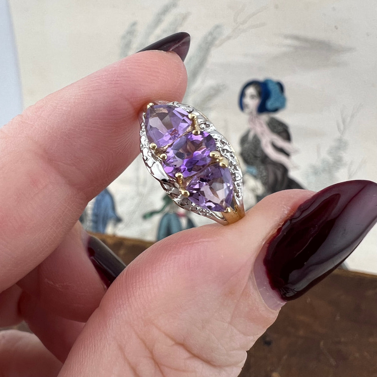 Anello trilogy con ametiste e diamanti – Inghilterra, anni Ottanta