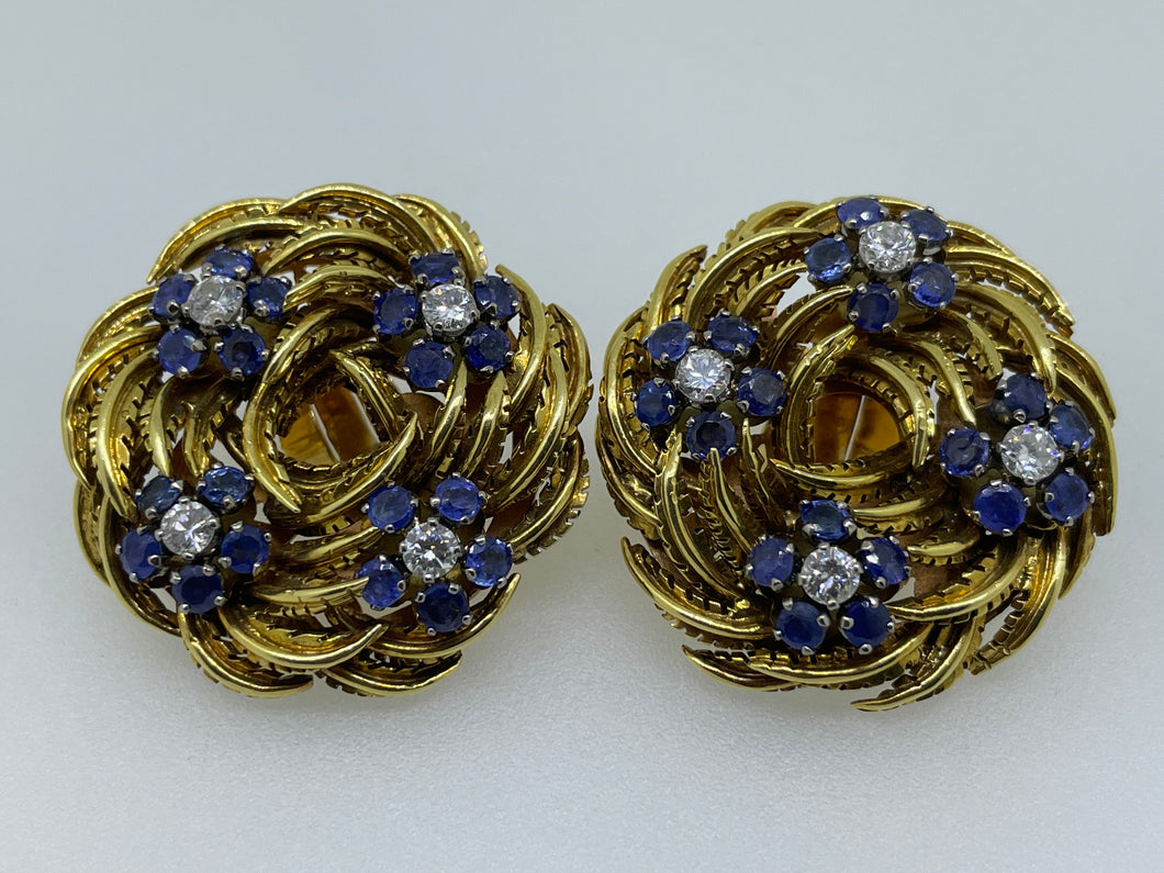Originali e importanti 1950 orecchini italiani in oro 18 carati con diamanti e zaffiri
