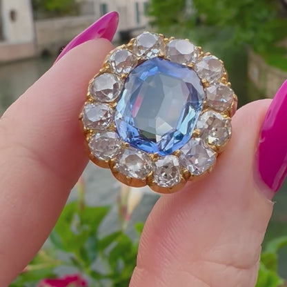Anello fine ‘800 con zaffiro Ceylon 4.60 ct diamanti old mine 5 ct oro giallo 18k