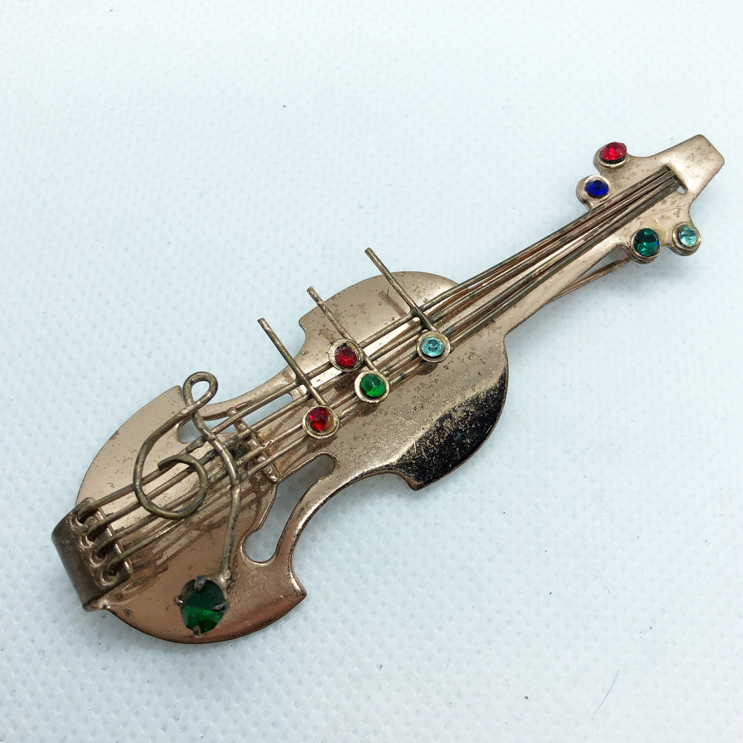 Grande spilla vintage a violino con cristalli colorati