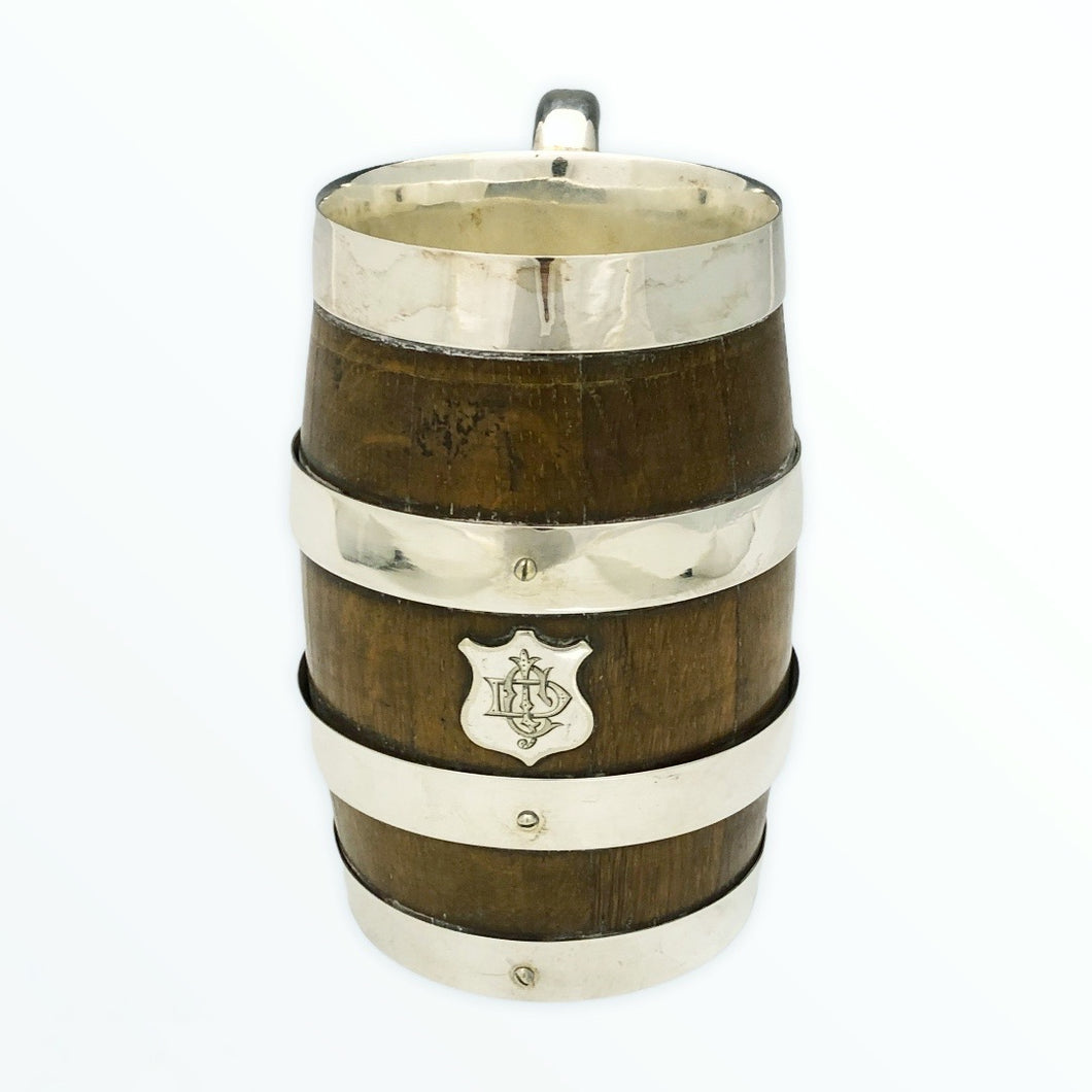 Antico boccale “barrel mug” in quercia e Sheffield plate