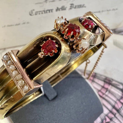 Bracciale borbonico in oro 14 carati con paste vitree rosse originali